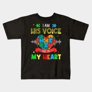 Autism Mom I Am His Voice He Is My Heart Autism Awareness Kids T-Shirt